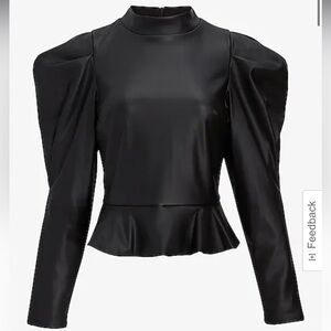 Express Faux Leather Mock Neck Puff Sleeve Peplum Top